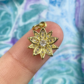 13x12mm Flower Rhinestone Charm 18k Gold Plt