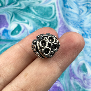 Sterling Silver Handmade Bali Bead Antiqued Patina 12.25x12.5mm Ring Decorated Rounded Cube Bead