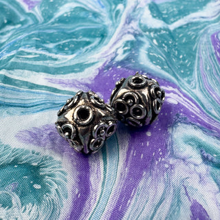 Sterling Silver Handmade Bali Bead Antiqued Patina 12.25x12.5mm Ring Decorated Rounded Cube Bead