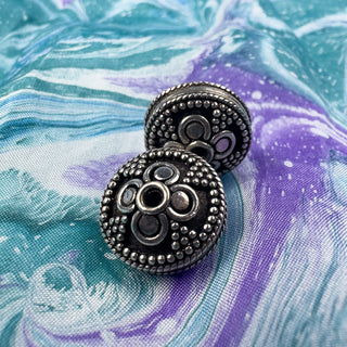Sterling Silver Handmade Bali Bead Antiqued Patina 9.5x14.5mm Beaded Saucer Cross Bead
