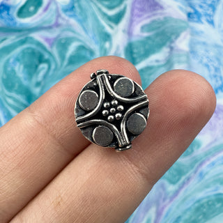 Sterling Silver Handmade Bali Bead Antiqued Patina 15.5x13.25mm Circle Decorated Coin Bead