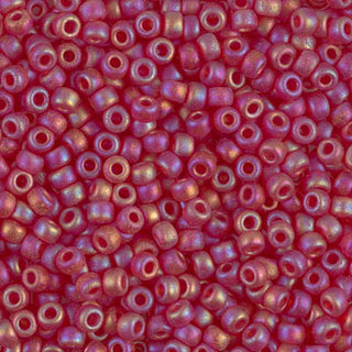 Closeup of size 8/0 matte transparent ruby AB Miyuki seed beads.