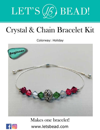 Cover Page for beginner bracelet kit with silver chain findings, bead, and green, red, clear faceted beads.