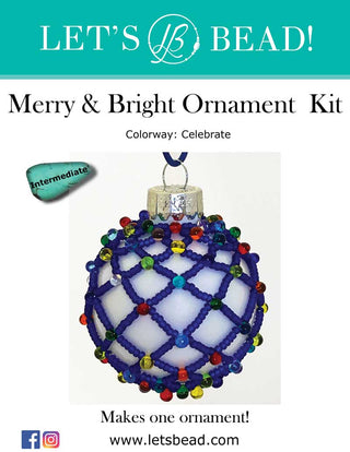 DIY Kit Cover for Blue and Rainbow colored DIT Beaded Christmas Ornament Kit on a white background