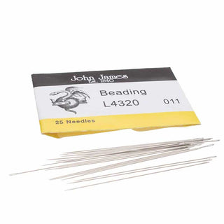 John James Beading Needles Size 11, pack of 25, showing the product's packaging and the 25 needles laid out below on a white background.