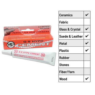 G-S Hypo Cement packaging with applicator and glue compatibility chart on a white background