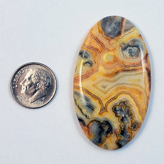 Crazy Lace Agate cabochon, 30x52mm oval, next to a dime for scale.