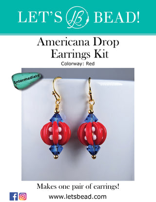 Drop earrings kit with red crescent beads, white seed beads, and blue crystals on gold wire.