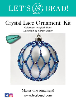 Cover of Let's Bead Crystal Lace Ornament Kit in blue and white.