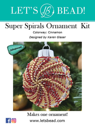 Cover of Let's Bead Super Spirals beaded ornament kit in gold and red spirals.