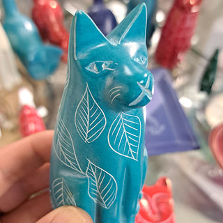 Turquoise hand carved soapstone sitting cat from Kenya.
