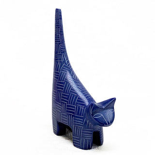 Royal blue hand carved soapstone standing cat from Kenya.