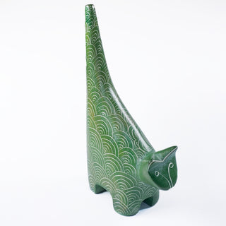 Green hand carved standing cat soapstone from Kenya.