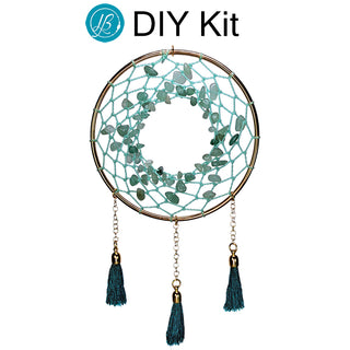 DIY cover pix of Gemstone Chip Dreamcatcher Kit in Green Aventurine and teal tassels.