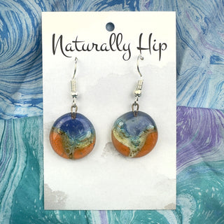Fused Glass Earrings, Fair Trade, Circle Blue & Orange
