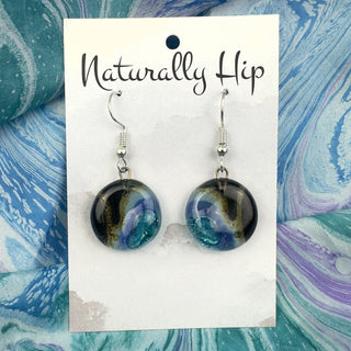 Fused Glass Earrings, Fair Trade, Circle Black & Blue