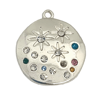 Silver plated round charm with 15 colored and clear crystals and 3 engraved stars.