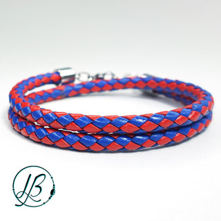 Red and Blue Double Wrap Leather Bracelet with Stainless Steel Clasp