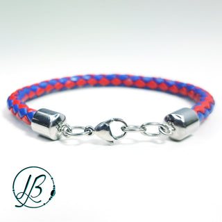close-up on the Clasp of Red and Blue Single Wrap Leather Bracelet with Stainless Steel Clasp