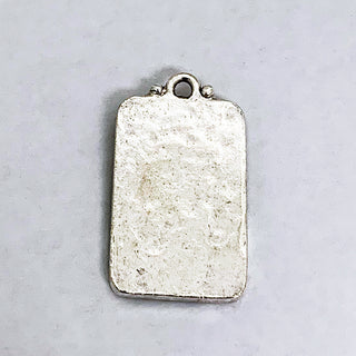 Back side of silver plated hammered rectangular pendant.