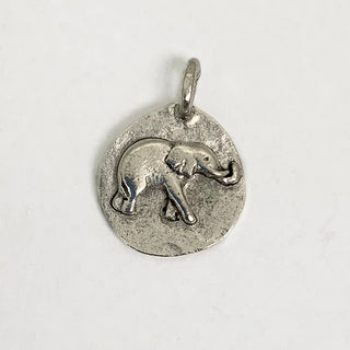 Silver plated round charm with an embossed elephant.