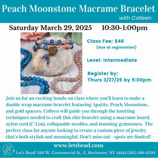 Flyer for pink moonstone macrame bracelet class.