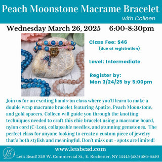 Flyer for pink moonstone macrame bracelet class.