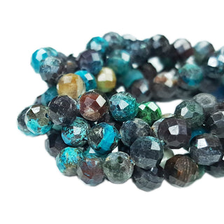 Strands of 5mm round faceted Chrysocolla beads.