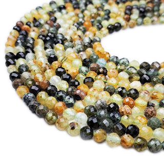 Strands of 5mm round faceted Prehnite beads.