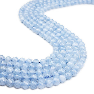 Strands of 6mm round faceted Aquamarine beads (dark).