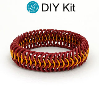 DIY chainmail bracelet kit with jump rings & stretchy O-rings in red & orange.