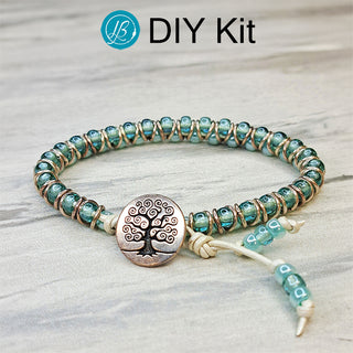 DIY Sparkly aqua and silver beads in a leather cord bracelet.