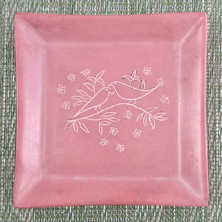 Pink hand carved soapstone tray with birds from Kenya