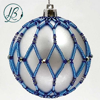 Close up of Beaded Crystal Christmas Ornament Kit in Magical Blues colorway against a white/gray background
