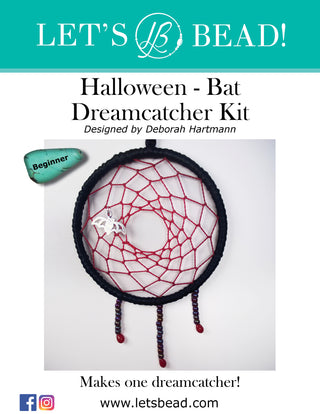 Cover of Let's Bead Halloween Dreamcatcher Kit with silver bat charm in red and black.