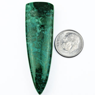 Parrot Wing Chrysocolla pendant front with dime for size.