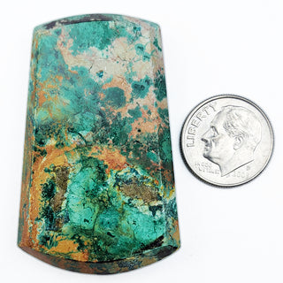 Chrysacolla shield pendant with dime for size.