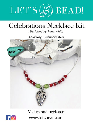 Beginner necklace kit with silver chain, red and green faceted beads, strawberry charm.