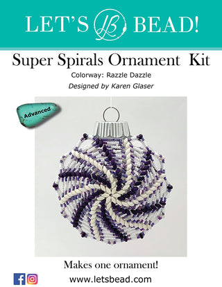 Cover of Let's Bead Super Spirals beaded ornament kit in white, silver, and purple spirals.