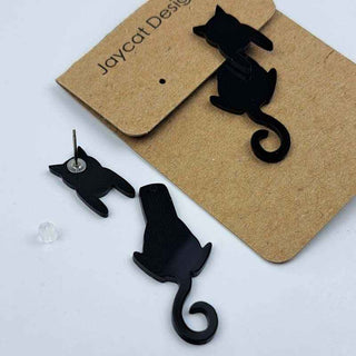 black cat earrings jacket style earrings closeup of front and back on a white background