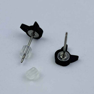 tiny black cat head stud earrings closeup of the back