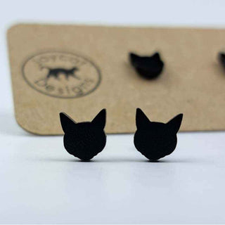 tiny black cat head stud earrings close up