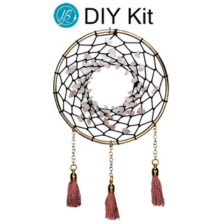 DIY Gemstone Chip Dreamcatcher Kit with Rose Quartz and rose tassels.