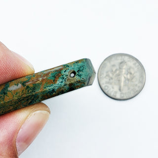 Chrysacolla shield pendant with dime for size.