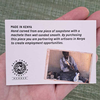 Informational card about hand carved process made in Kenya Fair Trade Soapstone Gifts