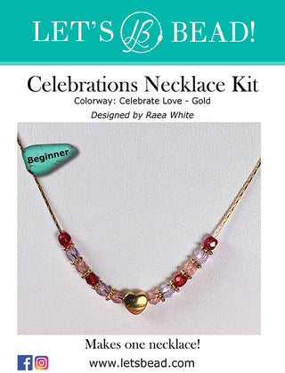 Beginner necklace kit with gold chain and pendant, faceted pink, red, purple beads.