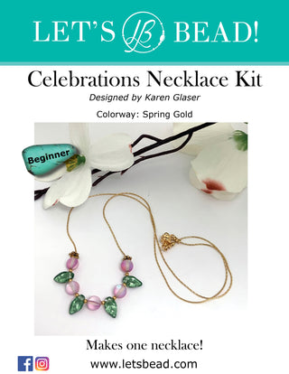 Beginner necklace kit with gold chain, pink and green glass beads.