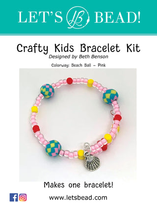 Kids memory wire bracelet kit with silver shell charm,  pink/multi beads.