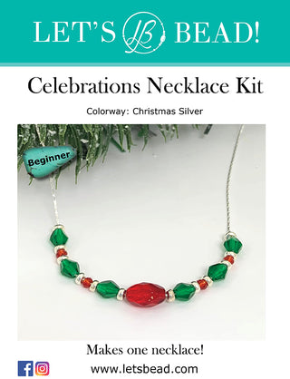 Beginner necklace kit with silver chain, red & green faceted beads.